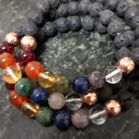 Natural gems & lava bead diffuser chakra bracelet - Picture 1 of 5